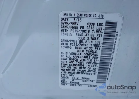 2015 Nissan Rogue Select S z USA, uszkodzony, nr VIN JN8AS5MT8FW158516